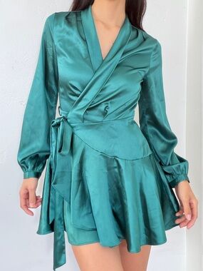 Emerald Satin Wrap Mini Dress Long sleeve - S